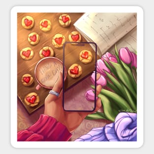 Have a good day. Illustration with tulips and cookies with hearts. Sticker